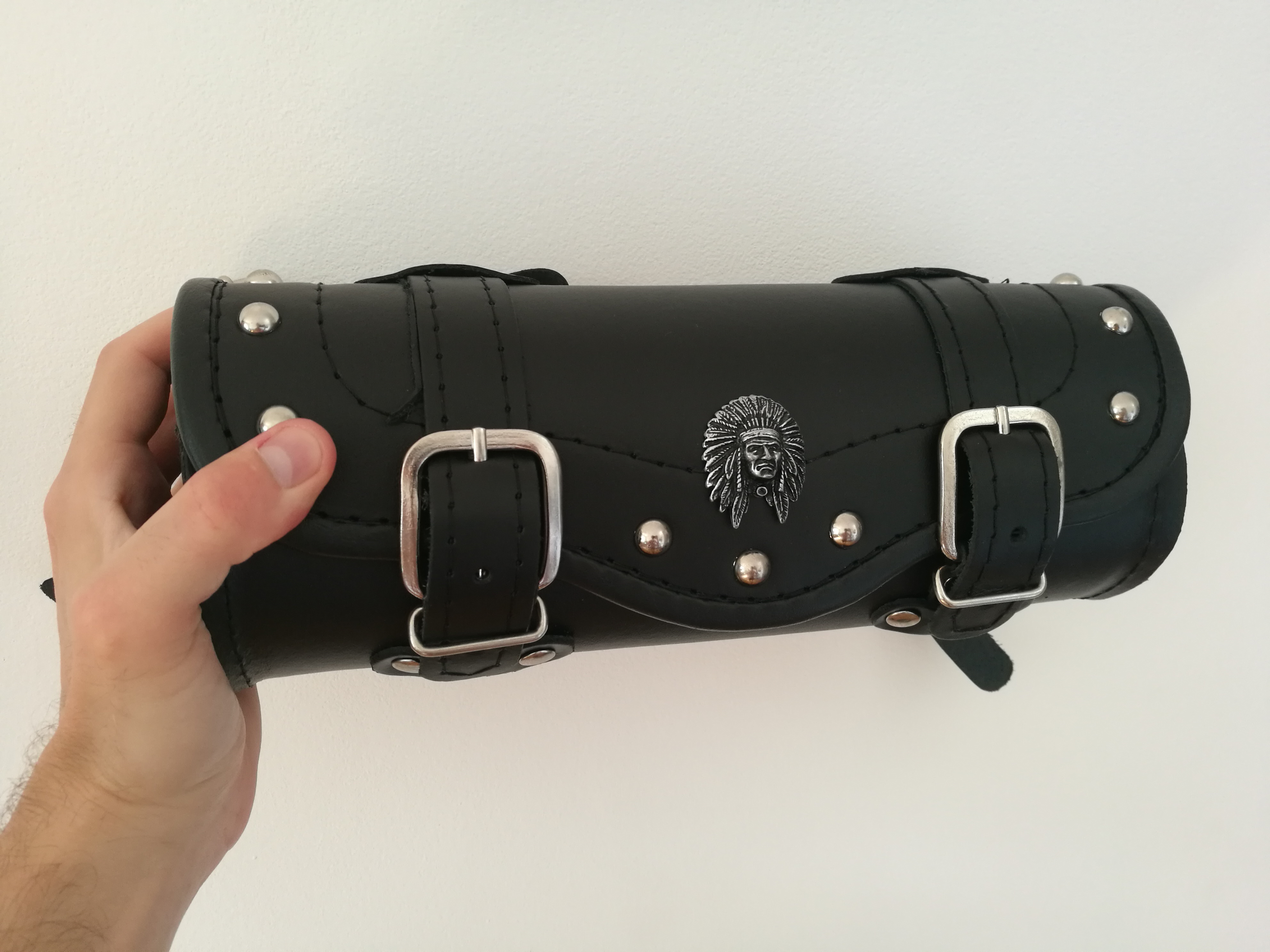 Sacoche moto insigne Indien USA en cuir naturel - NEUVE